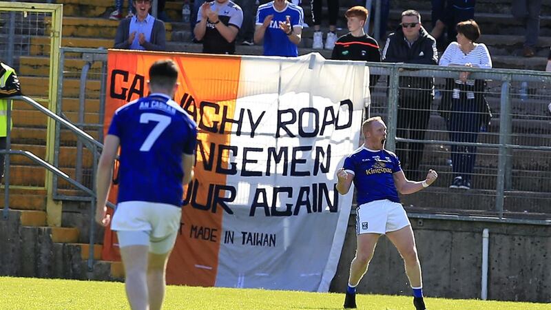 Cian Mackey celebrates after scoring Cavan's last-gasp leveller the first day out against Armagh. Picture by Philip Walsh