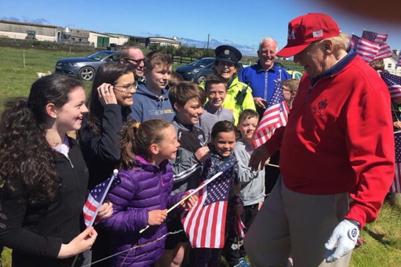 Pupils and teachers from Clohanes National School meeting US President Donald Trump at his golf resort in Doonbeg, Co Clare. Picture date: Friday June 7 2019