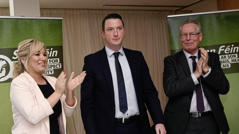 Sinn F&eacute;in North Belfast candidate John Finucane with Michelle O&#39;Neill and Gerry Kelly. Picture by Colm Lenaghan, Pacemaker 