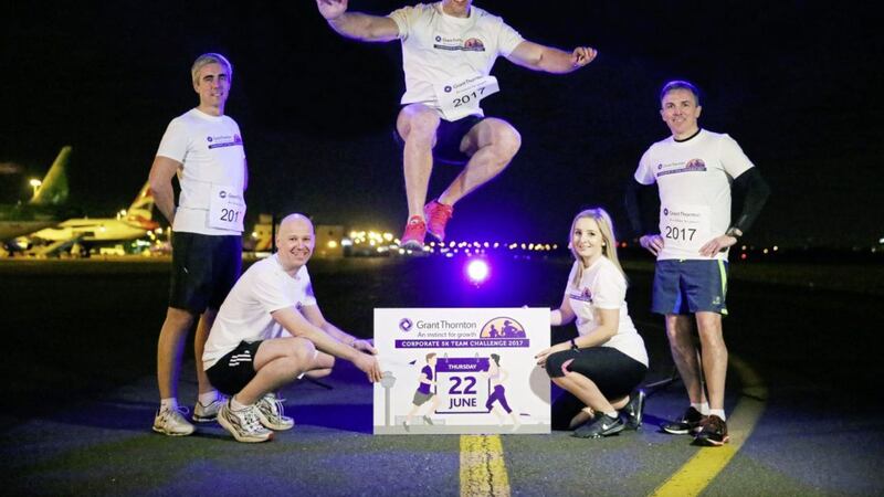 Launching the 2017 Grant Thornton 5k Runway Run is race ambassador for former rugby star Stephen Ferris with Grant Thornton&#39;s Peter Legge (tax partner), Richard Gillan (managing partner), Hannah McHugh (marketing manager) and Neal Taylor (audit and assurance partner). The race takes place at George Best Belfast City Airport at 11pm on Thursday June 22 