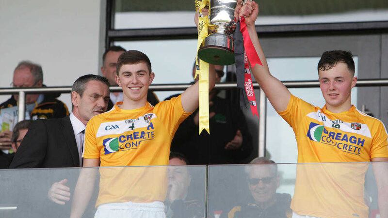 Antrim pair Conor Carson and Donal McKernan raised the Danny McNaughton Cup earlier this month, but they will need a heroic performance to defeat Galway in Saturday's All-Ireland quarter-final <br />Picture by Colm O'Reilly