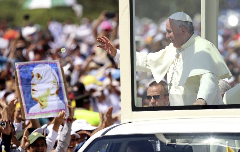Pope Francis waves from the popemobile as he arrives to celebrate Mass during his visit to Ecuador in 2015. Respect for the environment was a central theme of the trip, as it has been throughout his papacy. Picture by AP Photo/Fernando Vergara 