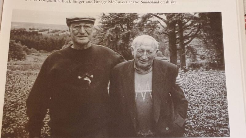 Billy Donagher (right) with Chuck Singer, formerly of the Royal Canadian Air Force, when he returned to the scene of a plane crash near Breesy mountain which killed three crew members in 1944. Picture by Joe O&#39;Loughlin 