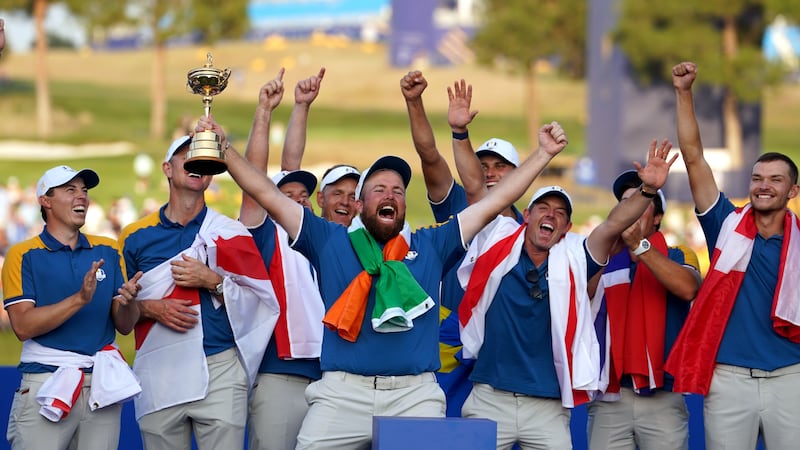 Team Europe's Shane Lowry lifts the Ryder Cup Trophy after Europe regained the Ryder Cup following victory over the USA on day three of the 44th Ryder Cup at the Marco Simone Golf and Country Club, Rome      Picture: David Davies/PA