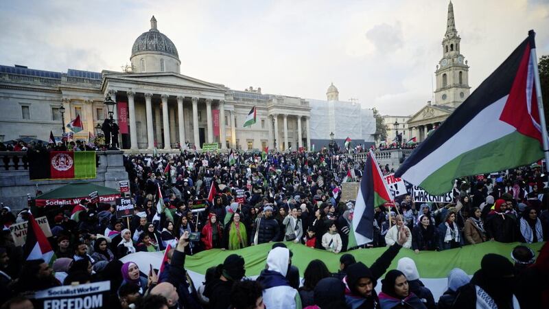 Demonstrators at a rally in London&#39;s Trafalgar Square during Stop the War coalition&#39;s call for a Palestine ceasefire last Saturday. Suella Braverman has described protests planned for this weekend as &#39;hate marches&#39;. PICTURE: VICTORIA JONES/PA WIRE 