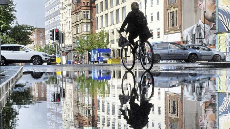 Standing water at Queens Square in Belfast city centre following heavy rain last month. Picture by Alan Lewis, Photopress 