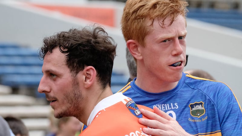 Armagh's goalscorer Jamie Clarke with Tipperary's Josh Keane after the final whistle at Thurles Picture by Columba O'Hare