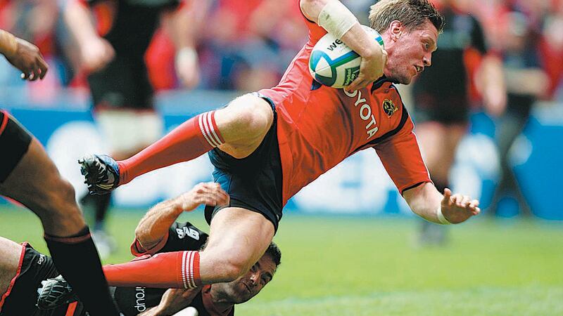 Birthday boy: Ronan O'Gara lunges for the line to score Munster's first try during the Heineken Cup semi-final at the Ricoh Arena, Coventry on Sunday April 27 2008&nbsp;