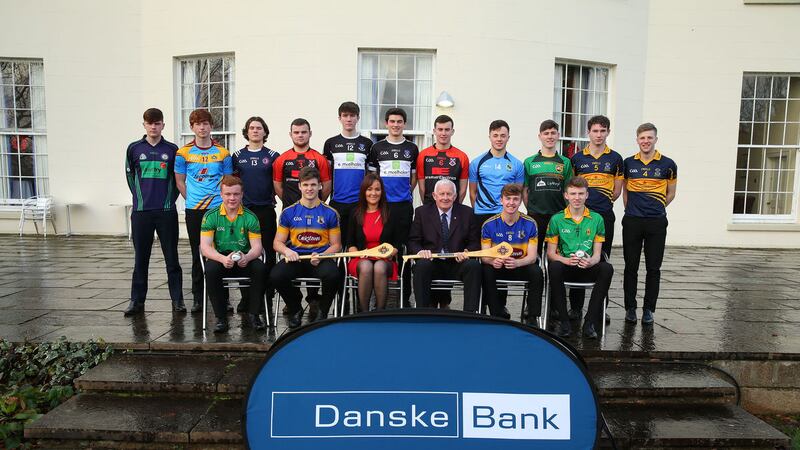 The Danske Bank Ulster Schools Hurling Allstars are pictured with Jimmy Smyth, chairman of Ulster Schools GAA, and Aisling Press, the district manager of Danske Bank<br />Picture by Presseye&nbsp;