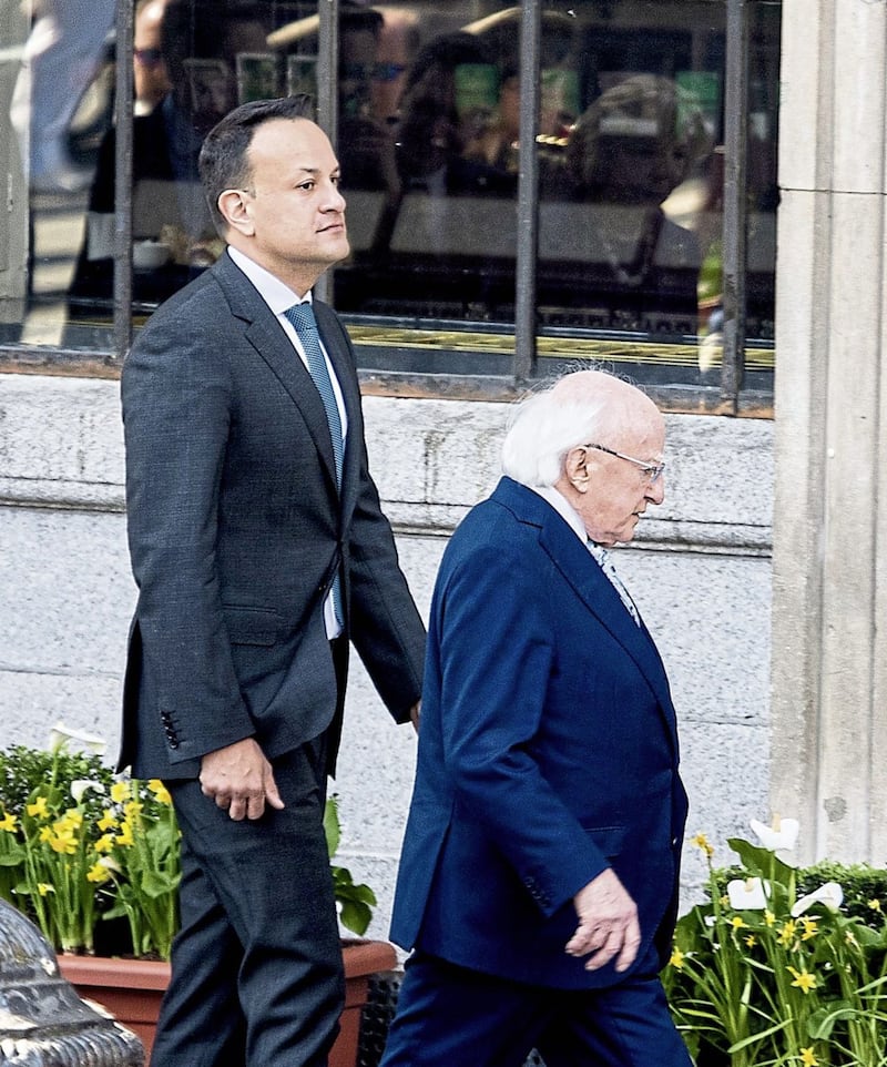Taoiseach Leo Varadkar and President Michael D Higgins at the GPO in Dublin