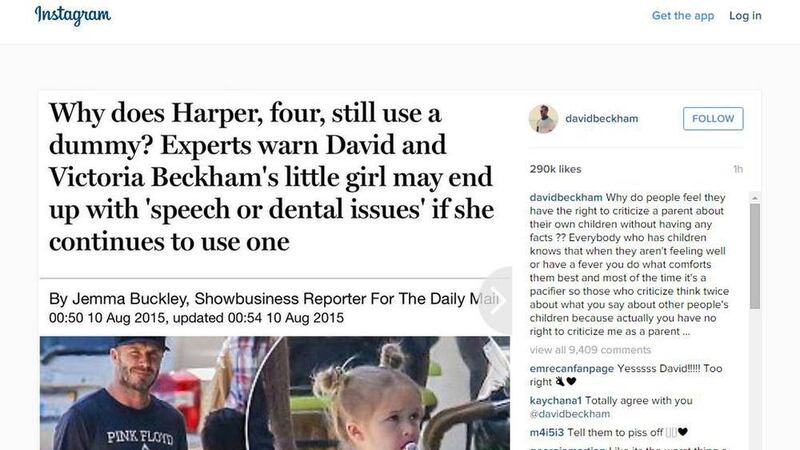 A screen grab from David Beckham&#39;s Instagram account showing an article from the Daily Mail, which questioned his daughter&#39;s use of a dummy 