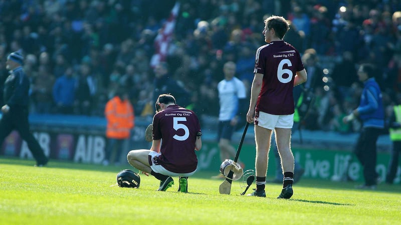 Cushendall players David Kearney (left) and Eoghan Campbell after Thursday&rsquo;s All-Ireland Club SHC final defeat to Na Piarsaigh at Croke Park<br/>Picture by Seamus Loughran&nbsp;