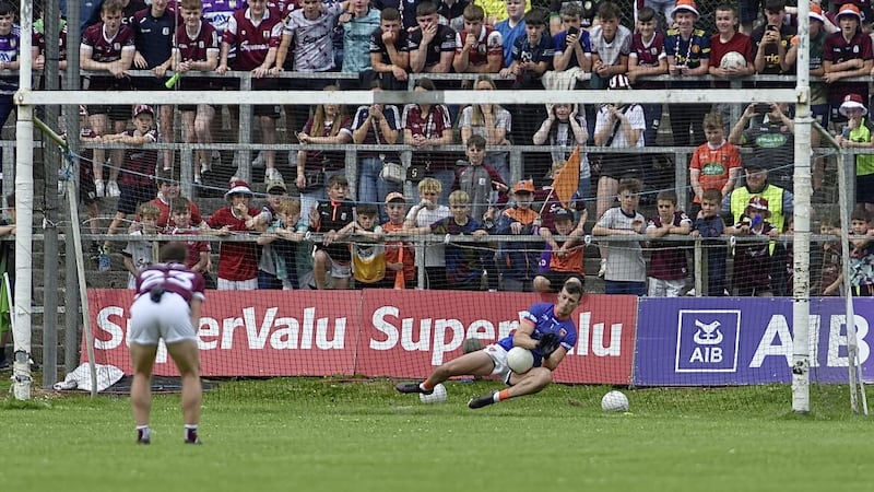 Armagh goalkeeper Ethan Rafferty saves Shane Walsh's penalty in the win over Galway Picture by John Merry 