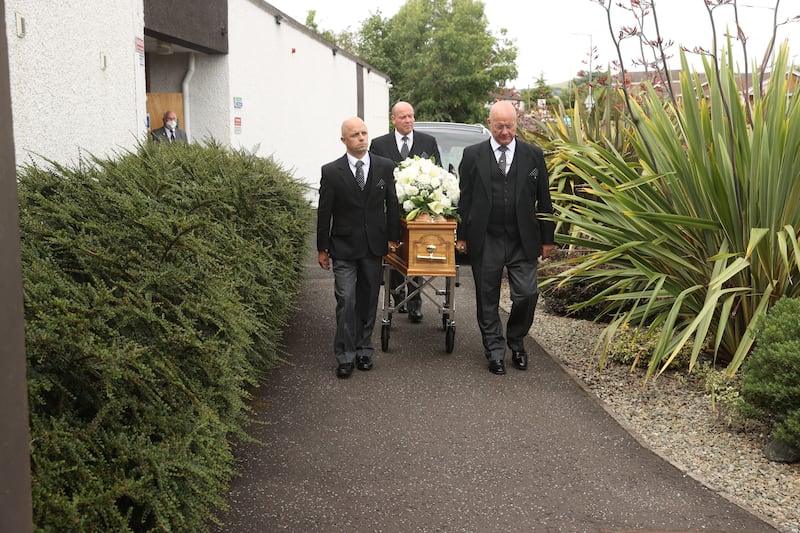 Pallbearers carry the coffin of former first minister and UUP leader David Trimble, as it arrives for the funeral service at Harmony Hill Presbyterian Church, Lisburn. Picture by Liam McBurney/PA Wire