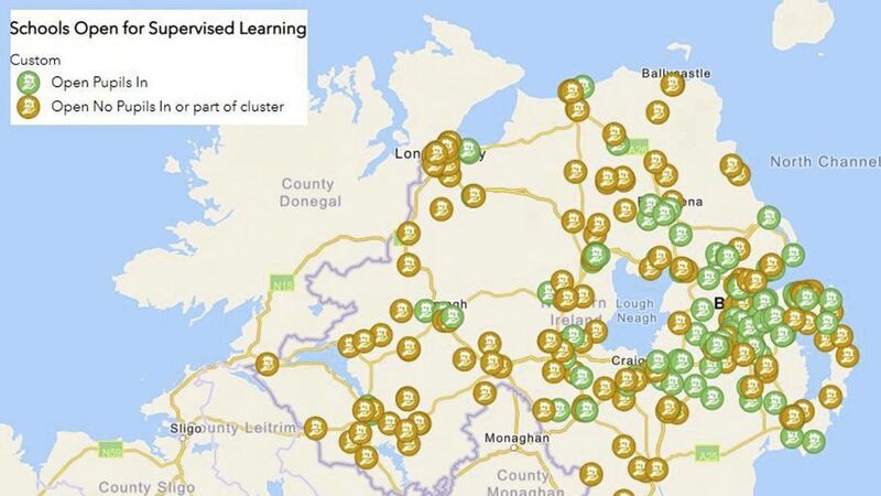 An Education Authority map shows that schools in counties Derry, Tyrone and Fermanagh were open on Friday, but had no pupils attending 