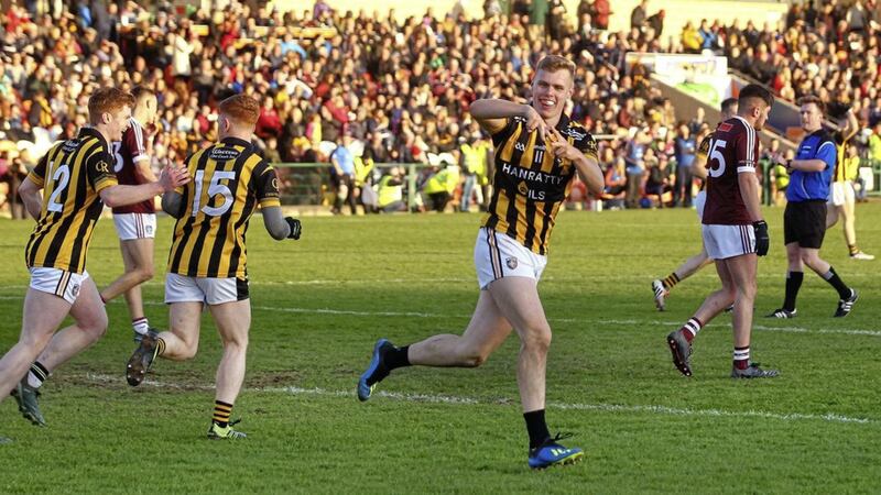 Oisin O&#39;Neill celebrates his goal against Ballymacnab in the Armagh Championship final at the Athletic Grounds. Picture Seamus Loughran. 