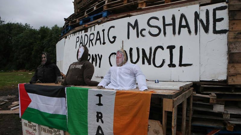 Effigies of independent councillors Padraig McShane and Gary Donnelly and Palestinian representative Mohammed Al-Halabi on a bonfire in Bushmills. Picture by Steven McAuley 