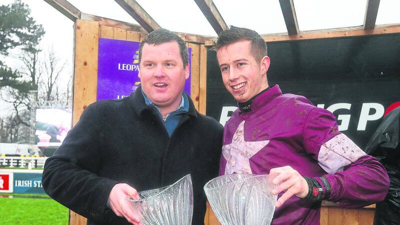 Trainer Gordon Elliott is is doubly-represented with Cape Glory and From Frost. He is pictured alongside Jockey Bryan Copper