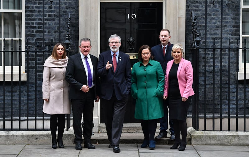 Sinn F&eacute;in President Gerry Adams (centre) and (left to right) Elisha McCallion, Conor Murphy, Deputy leader Mary Lou McDonald, Chris Hazzard and Northern Ireland leader Michelle O'Neill leave Downing Street&nbsp;