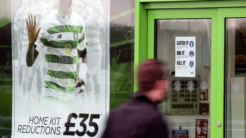 The club shop at Celtic Park, home of Celtic Football Club, after Scottish football announced an immediate suspension, with games postponed until further notice. 