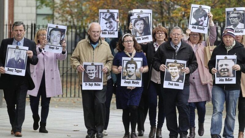 Ballymurphy relatives on the way out of court on the final day of scheduled evidence. Picture by Hugh Russell 