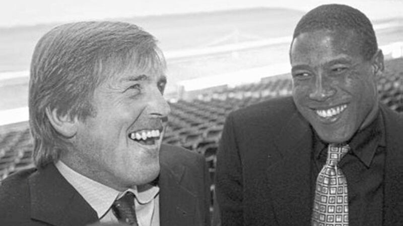 ANOTHER DAY IN PARADISE...Kenny Dalglish and John Barnes enjoy a laugh at Parkhead yesterday 