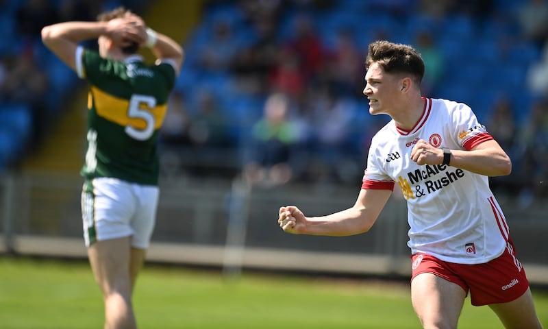 Tyrone's Joey Clarke celebrates after scoring a goal in his side's win over Kerry in the All-Ireland U20 FC final at Portlaoise on Sunday     Picture: Oliver McVeigh