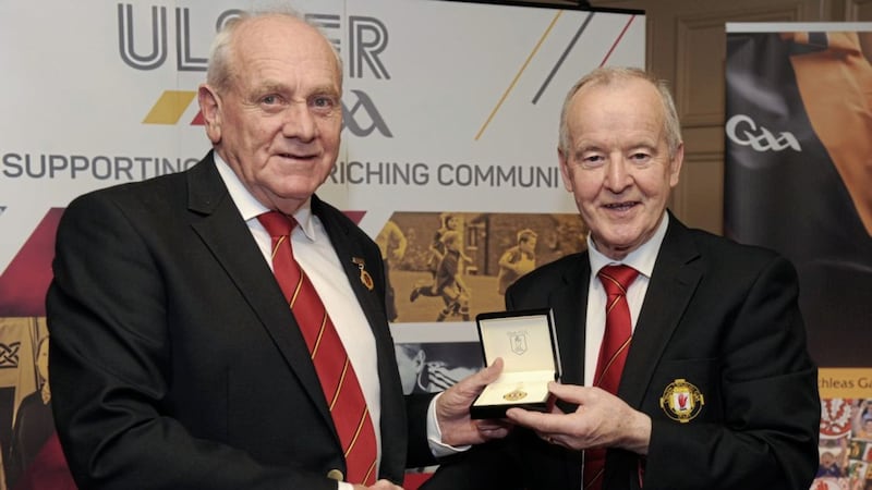 Oliver Galligan (left) takes over the Ulster GAA Presidency from Michael Hasson (right) 