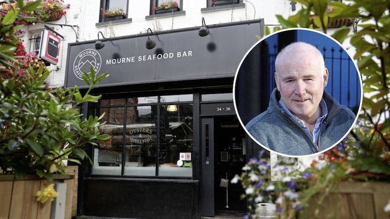 Exterior image of Mourne Seafood Bar with inset image of Bob McCoubrey.