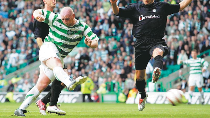 Celtic's John Hartson scores from the penalty spot against Artmedia Bratislava during the UEFA Champions League second qualifying round second-leg match at Celtic Park, Glasgow on Tuesday August 2 2005.&nbsp;