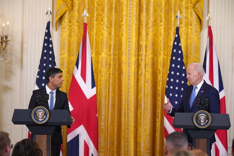Prime Minister Rishi Sunak and US President Joe Biden take part in a joint press conference in the East Room at the White House