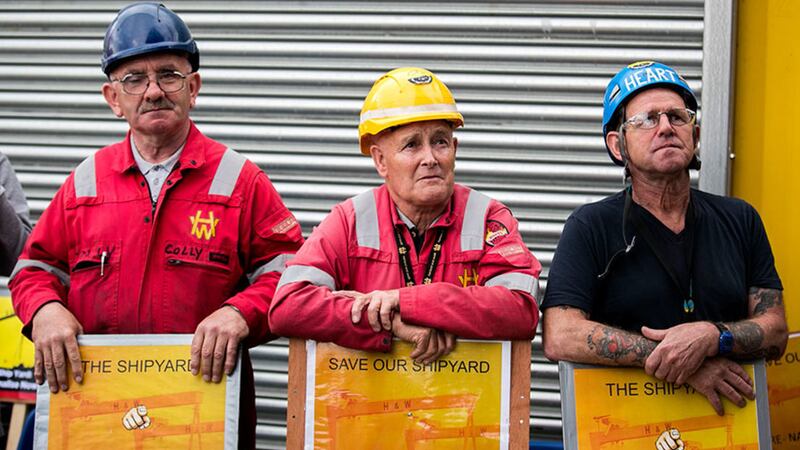 &nbsp;Harland and Wolff employees Colin McLoughlin, rigger, Tommy Stewart, foreman ship repairman and Gary Heart Fleming, ship repair fitter, during a rally to save the shipyard. Picture by&nbsp;Liam McBurney/PA Wire