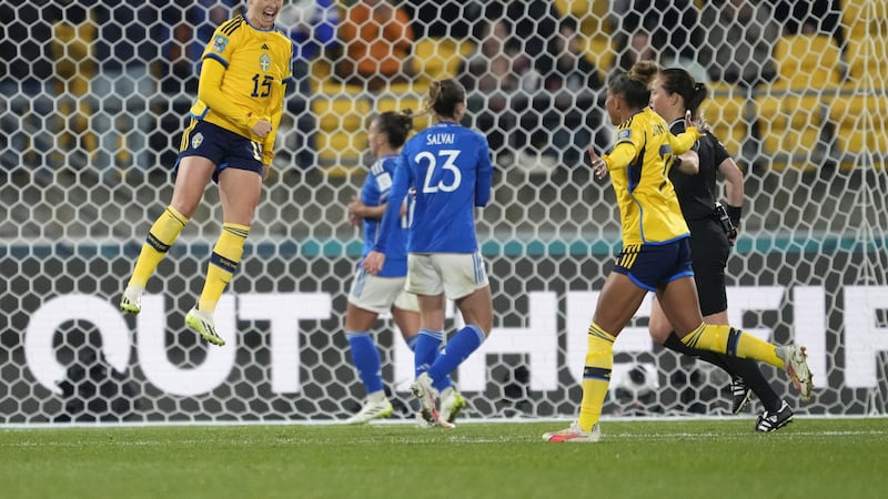 Rebecka Blomqvist was on the scoresheet in Sweden’s 5-0 victory (AP Photo/John Cowpland)