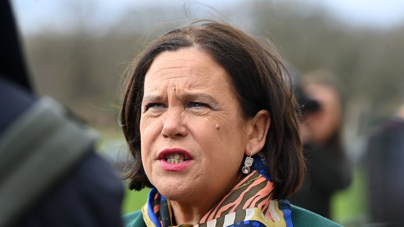 Sinn Fein president Mary-Lou McDonald standing outside the parliament buildings at Stormont speaking to media (out of frame)