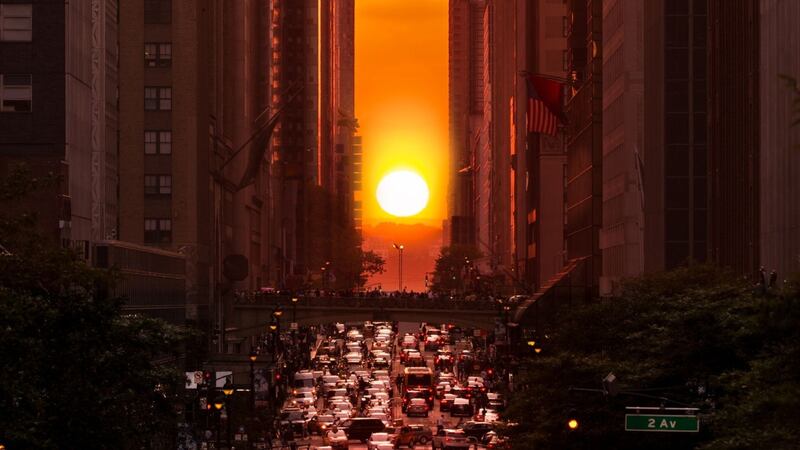 The sunset will align with the city’s grid system for a dramatic sight.