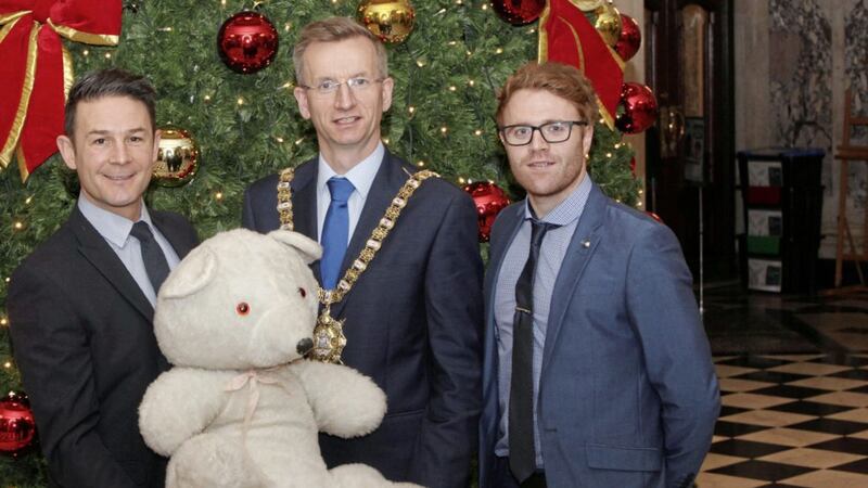 Mark McNulty from Dungannon and Conor Bayne from Cookstown with Lord Mayor Brian Kingston in the City Hall Belfast. Picture by Ann McManus 