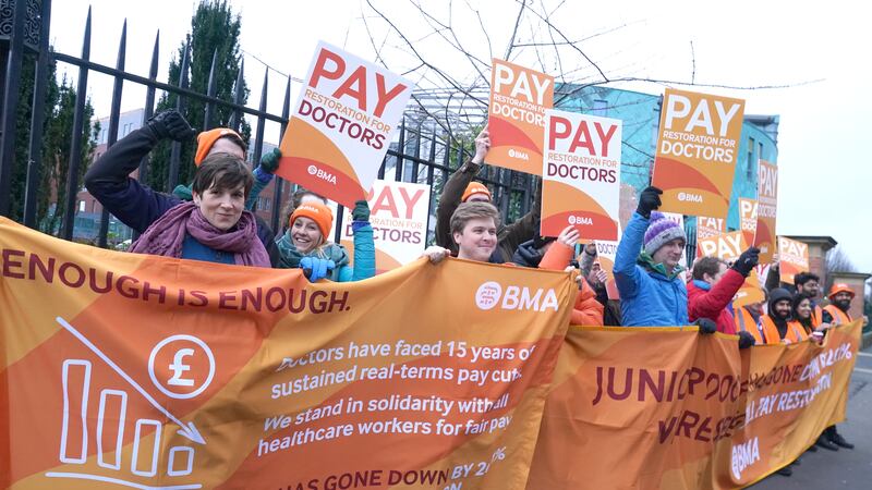 Junior doctors and members of the British Medical Association on the picket line outside Royal Victoria Infirmary in Newcastle