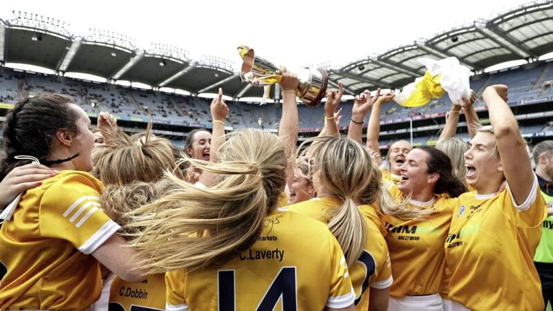 The Antrim camogs celebrate September&#39;s All-Ireland Intermediate Championship final victory over Kilkenny at Croke Park. Picture by INPHO 