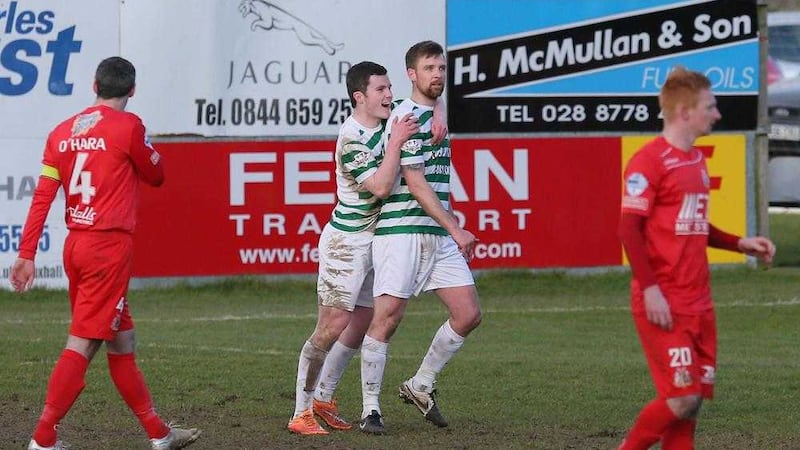 <span style="font-family: Arial, sans-serif; ">Lurgan Celtic's Raymond Fitzpatrick after scoring a historic penalty to book the club's Irish Cup semi-final berth against Linfield</span>