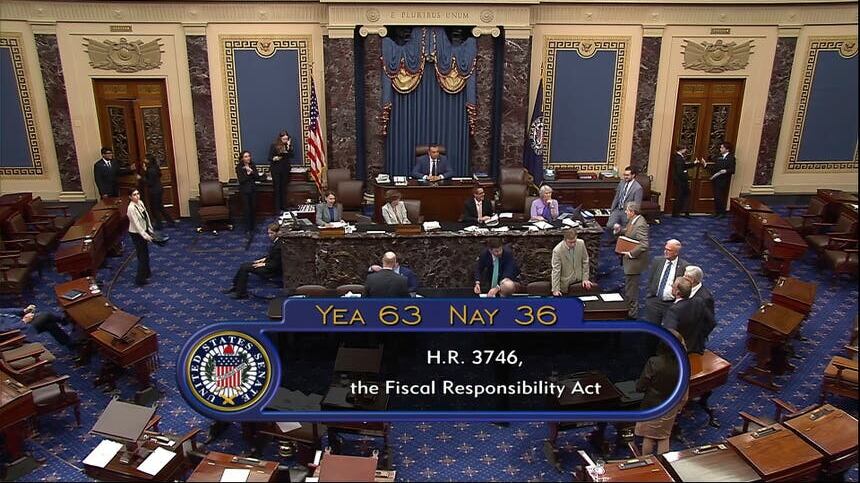 In this image from Senate Television, the final vote of 63-36 shows passage of the bill to raise the debt ceiling in the Senate at the Capitol in Washington (Senate Television via AP)