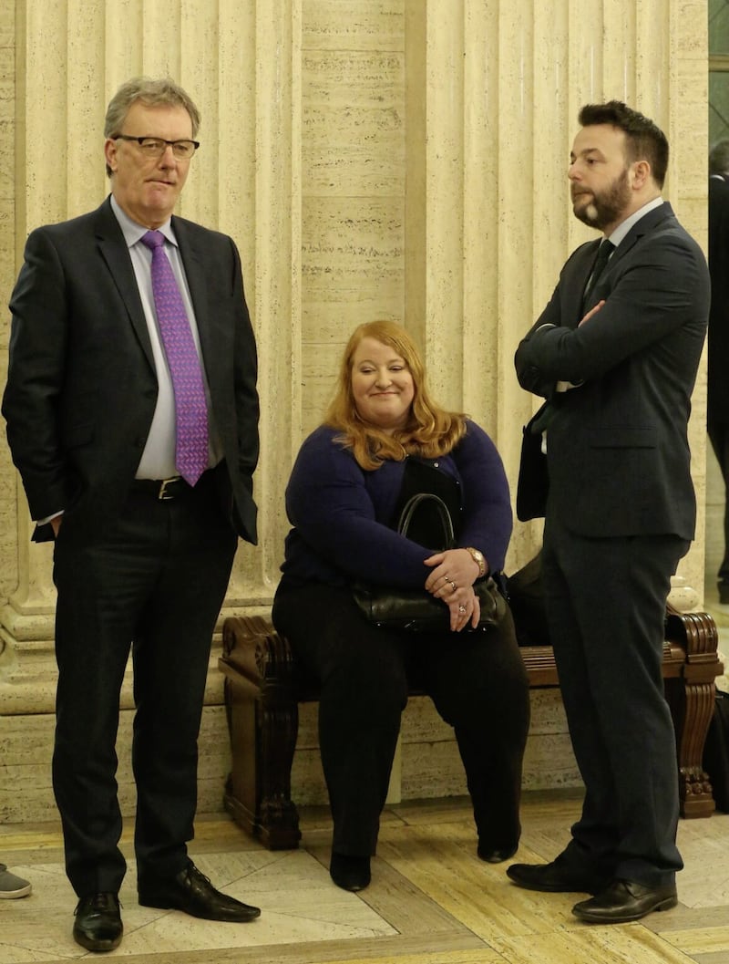 Former UUP leader Mike Nesbitt with Alliance's Naomi Long and the SDLP's Colm Eastwood. The Ulster Unionists and SDLP have both been overtaken by Alliance in the polls