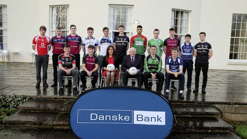 The 2016-17 Danske Bank Ulster Schools AllStars, pictured with Jimmy Smyth, chairman of Ulster Schools&rsquo; Council, and Aisling Press, District Manager at Danske Bank. Picture by Kelvin Boyes / Press Eye.