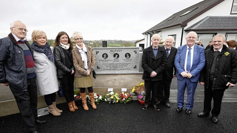 Members of the Reavey family at the unveiling of a commemorative plaque at the weekend, three Reavey brothers were murdered by a UVF at the family home in Whitecross, Co Armagh in 1976&nbsp;