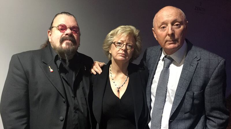 Former ELO and Wizzard frontman Roy Wood, left, and comedian Jasper Carrott, right, with lead campaigner of the Birmingham pub bombings Justice4the21 group Julie Hambleton, centre. Picture by Richard Vernalls, Press Association &nbsp;