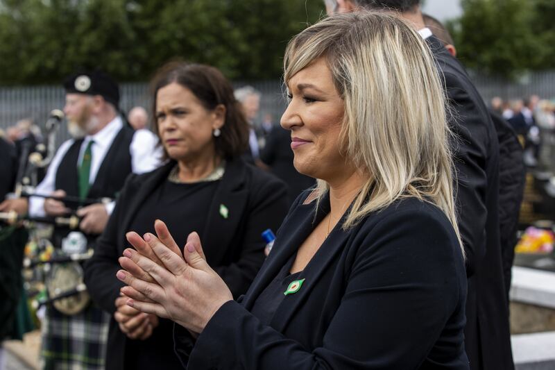Sinn Fein leader Mary Lou McDonald (left) and Michelle O’Neill at the funeral of senior Irish Republican Bobby Storey