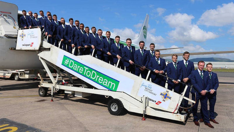 The Northern Ireland squad leaving Belfast City Airport for their Euro 2016 campaign