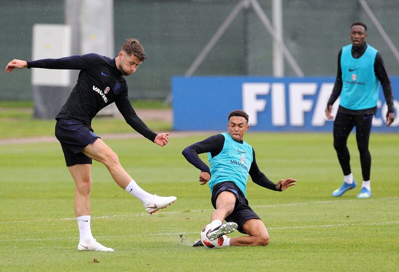Gary Cahill, left, and Trent Alexander-Arnold during the training session at Spartak Zelenogorsk Stadium