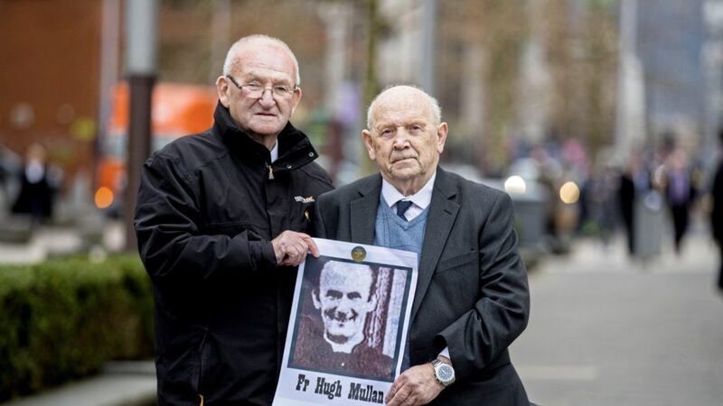 Bobby Clarke (right), who was the first person shot in Ballymurphy on August 9 1971, with Patsy Mullan, a brother of Fr Hugh Mullan who was shot dead after coming to the assistance of Mr Clarke. Picture by Liam McBurney/PA Wire 