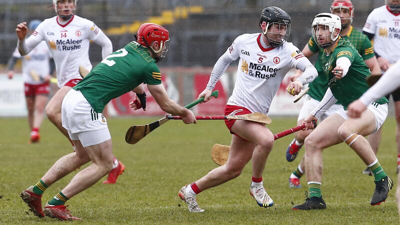Tyrone’s Conall Devlin takes on Meath’s Simon Ennis and Gerard Dwane at O’Neills Healy Park on Saturday Picture by Philip Walsh