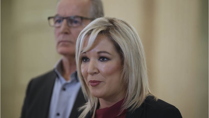 Michelle O'Neill speaks to the media at Stormont today alongside Gerry Kelly after learning of a dissident plot against them. Picture by Hugh Russell&nbsp;